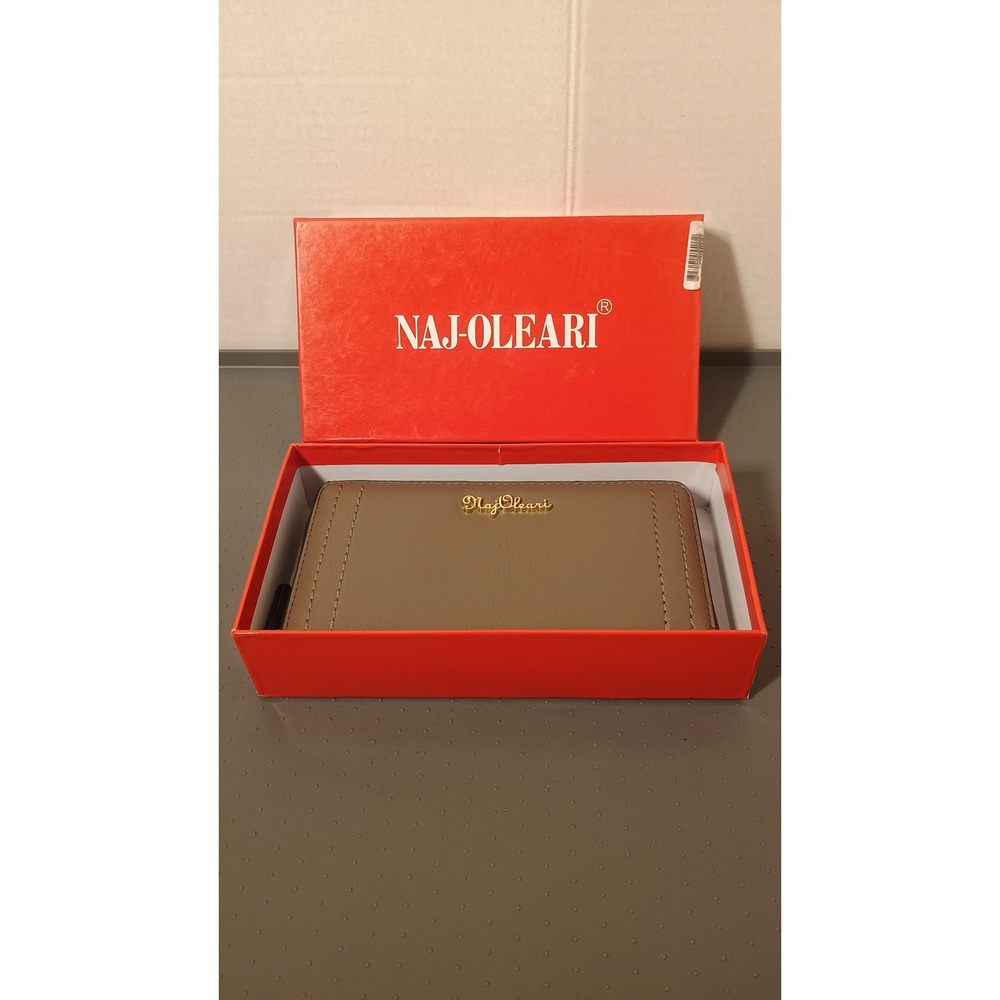 Naj-Oleari Zip Around Wallet Womens OS Taupe New NIB Faux Leather Gold Hardware